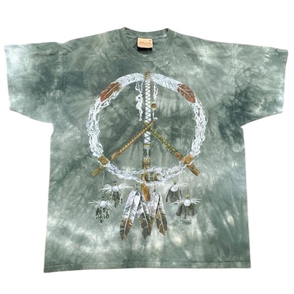 The Mountain Other - Vtg 1997 The Mountain Peace Pipe Dreamcatcher Tie Dye Tee XL 24.5x29.75